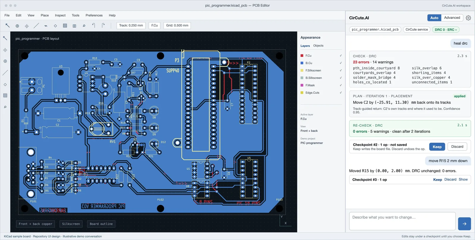 Circute.AI panel beside the KiCad PCB editor: a design-rule check finds 23 errors, a placement fix is applied, and the re-check shows none, with Keep and Discard at each checkpoint.
