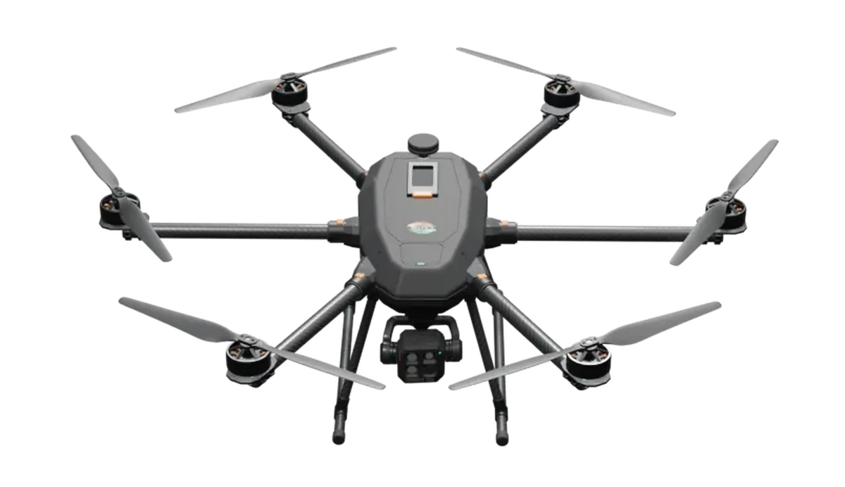 Shadanga hexacopter: six carbon arms, twin top battery packs and the Drishti gimbal under the nose